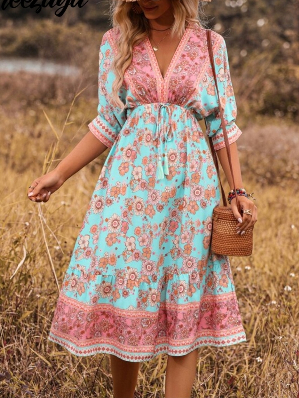 Boho Floral V-Neck Midi Dress in Aqua and Pink